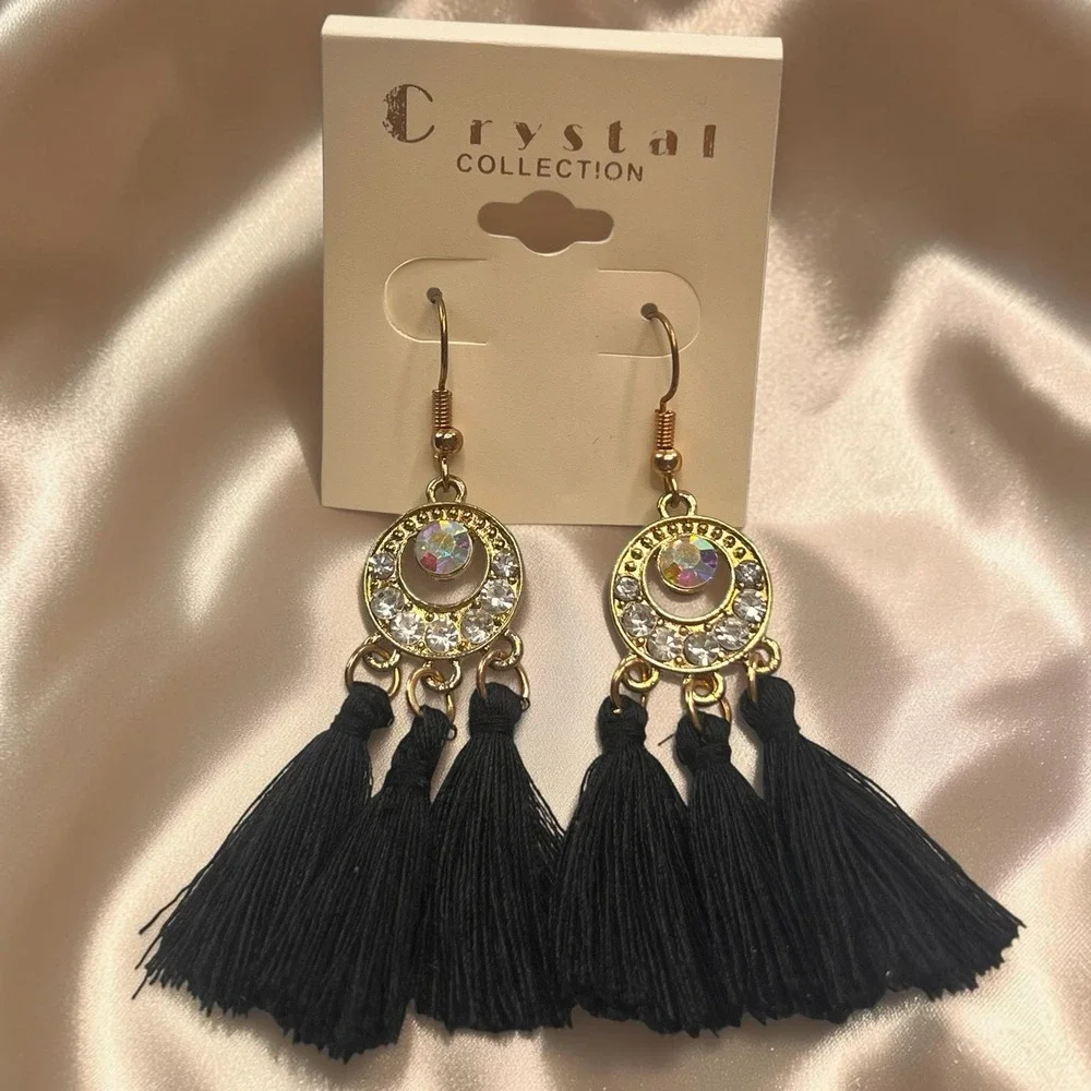 Bohemian Tassel Dangle Fringe Boho Black / Gold Earrings Crystal Collection